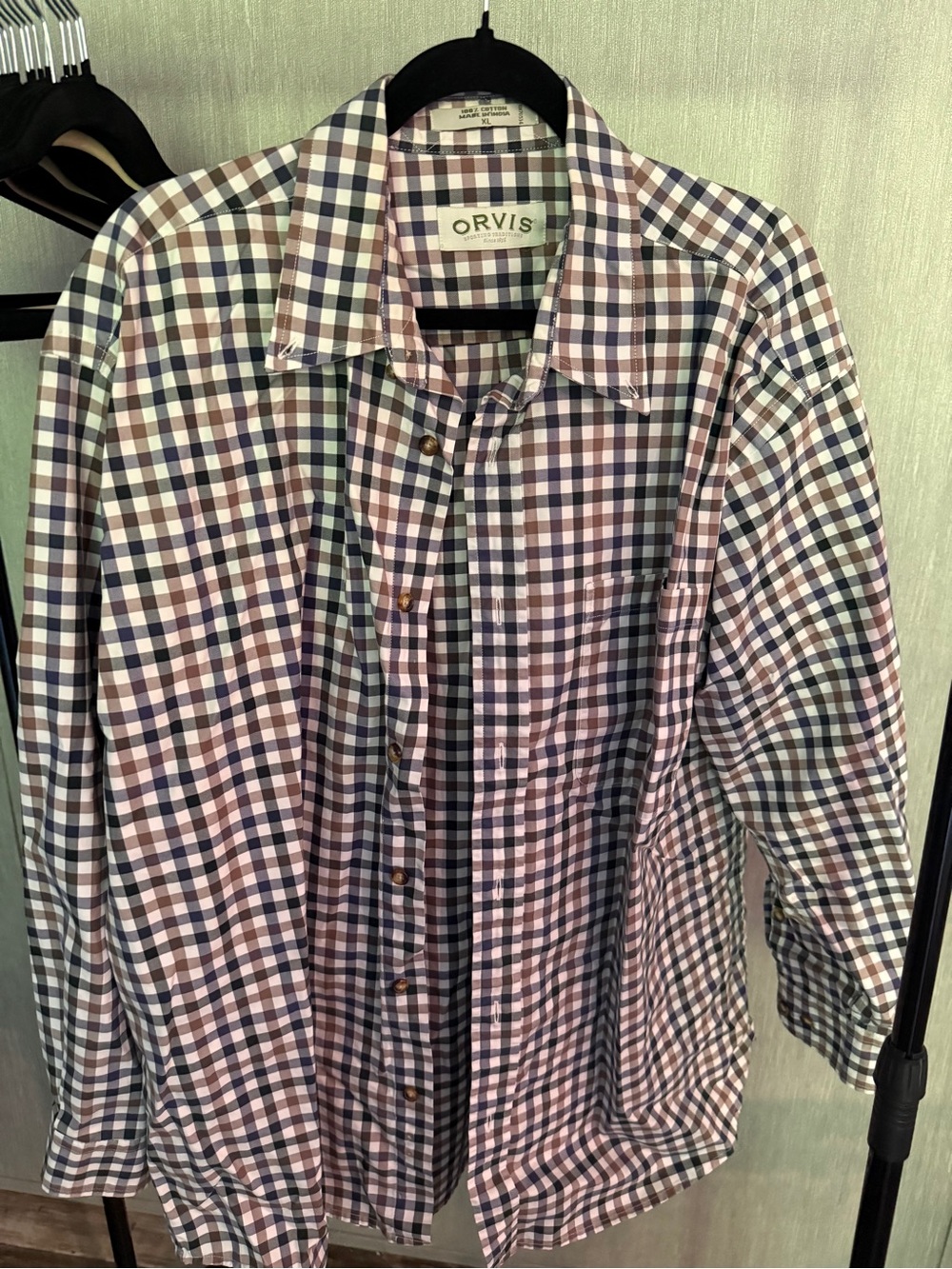Orvis Men’s Navy, Brown and White Plaid Button-Down Shirt
